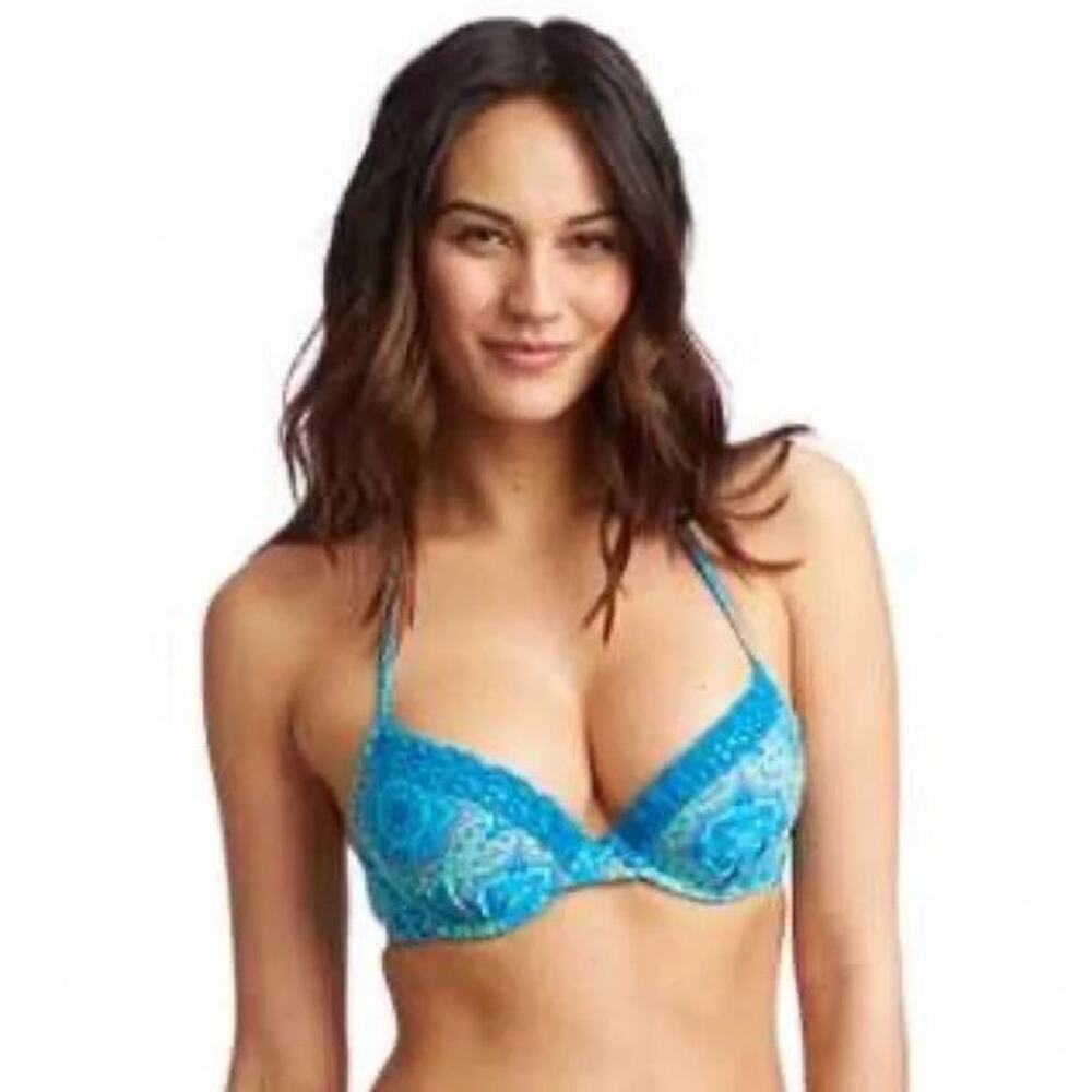 Aerie Push Up Halter Bikini Top Lightweight Floral Teal Blue Women's Size 32B
